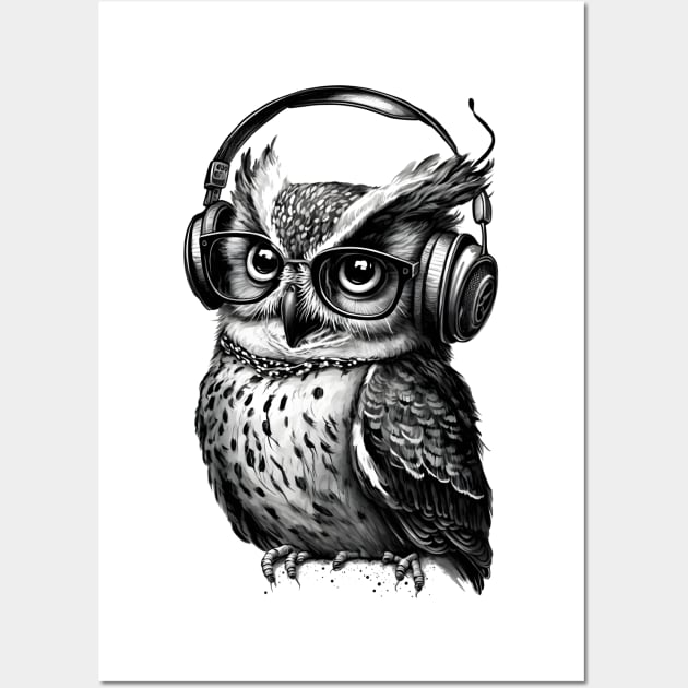 Owl Drawing Wearing Headphones Wall Art by ArtisticCorner